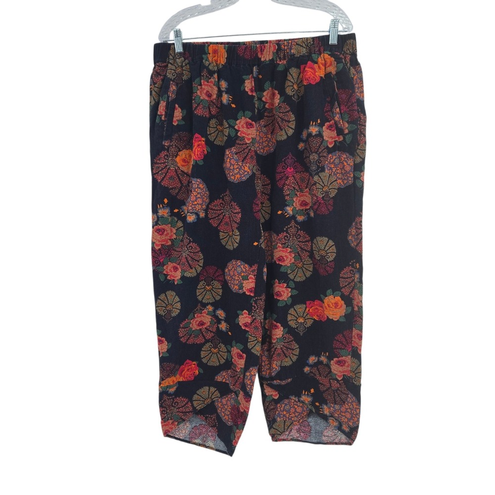 Gracila Floral Crop Pants Womens 3XL Black Cotton Boho Tulip Hem Vacation Travel